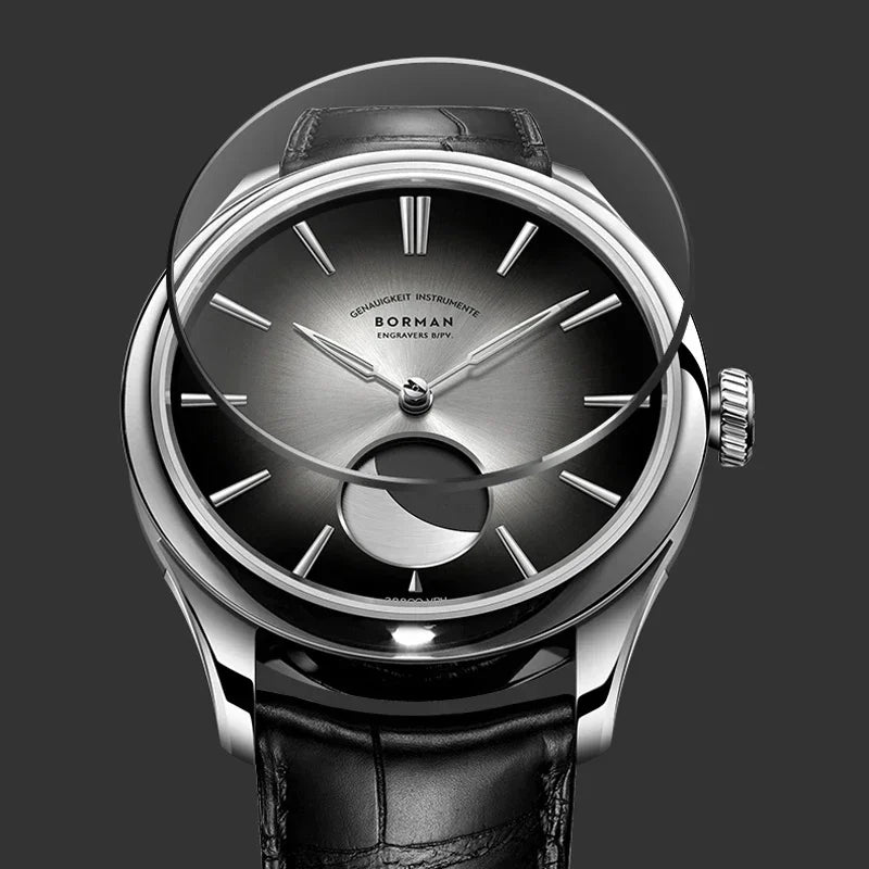BORMAN Stainless Steel Men Mechanical Watch Power Reserve 80Hour Moon Phase Automatic Watch Sapphire Glass Waterproof 50M Watch