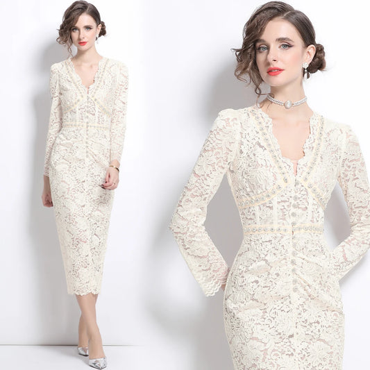 Elegant Luxury Crystal Embroidery Lace Evening Dresses Women Summer Autumn Long Sleeve Pencil Bead Chain Party Dress White