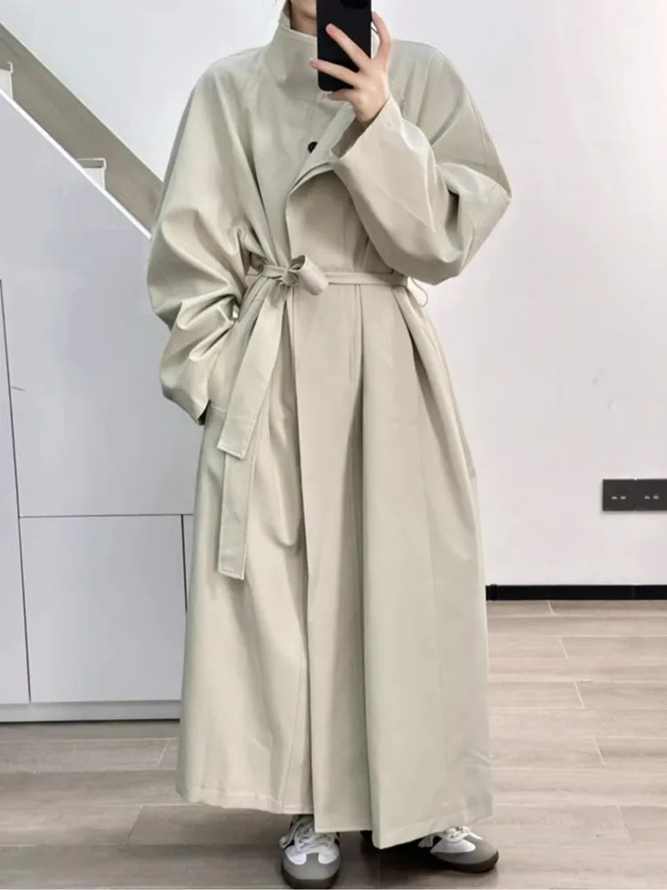 FANAN Office Lady Belt Gathered Waist Trench Women's Stand Neck Single Breasted Fashion Windbreaker Female Coats 2025 Spring New