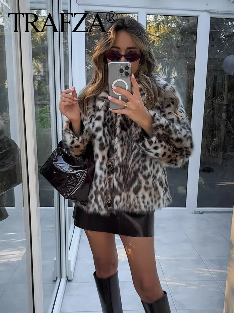 TRAFZA Winter Woman Leopard Print Lapel Faux Fur Loose Coat Pockets Fashion Long Sleeves Fuzzy Jacket Female Warm Outerwear