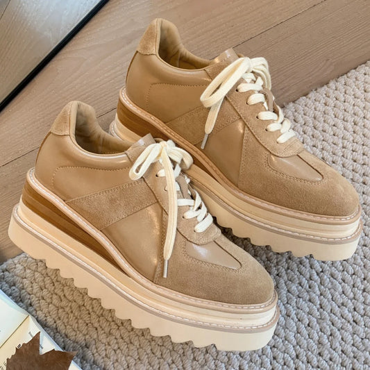 Women's genuine leather patchwork thick sole platform hemp lace-up oxfords high quality soft comfortable walk casual shoes 2025