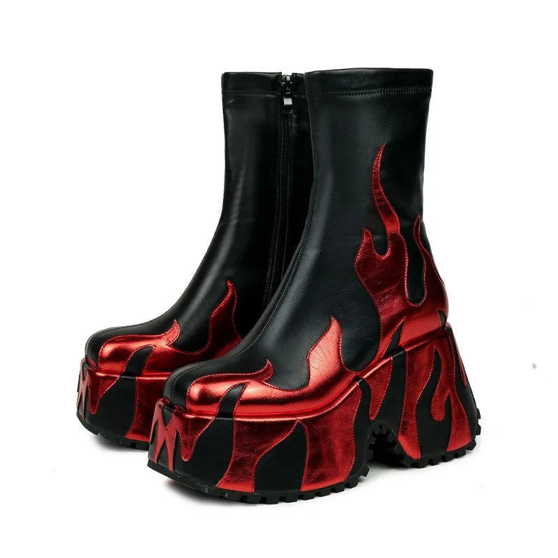 2024 Women's High Quality Thick High Heels, Thick Sole Side Zipper Boots, European and American Fashion Flame Show Shoes