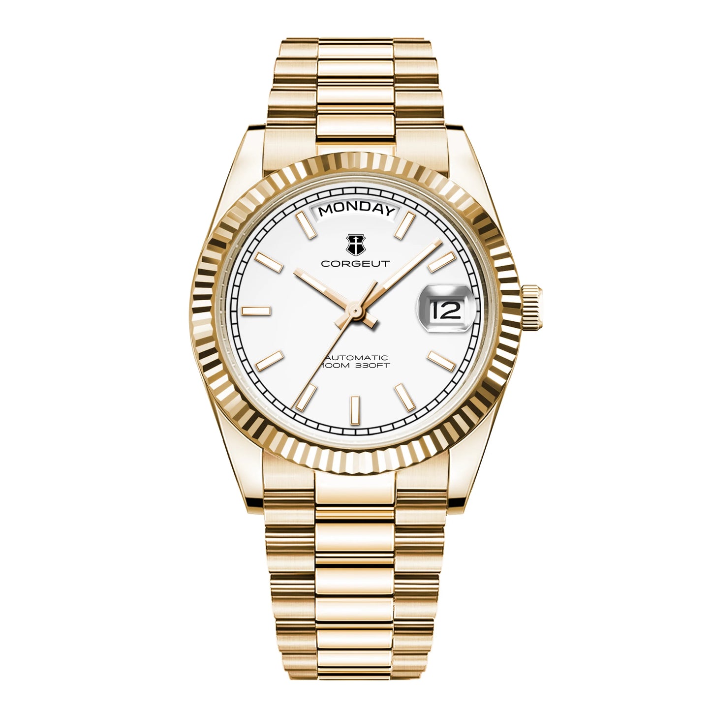 CORGEUT NH36 Mechanical Men's Watch Date of the Week Show President Chain Strap Steel Case Watch Threaded Arc Bezel waterp