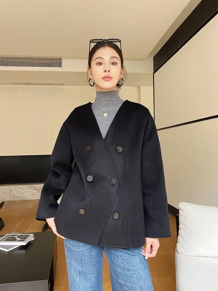 Women 100 Wool Tops Coat Fashion V-neck Short Coats Woolen Jacket Hand Sewing Autumn Winter Wool Blazer Double-Breasted #22
