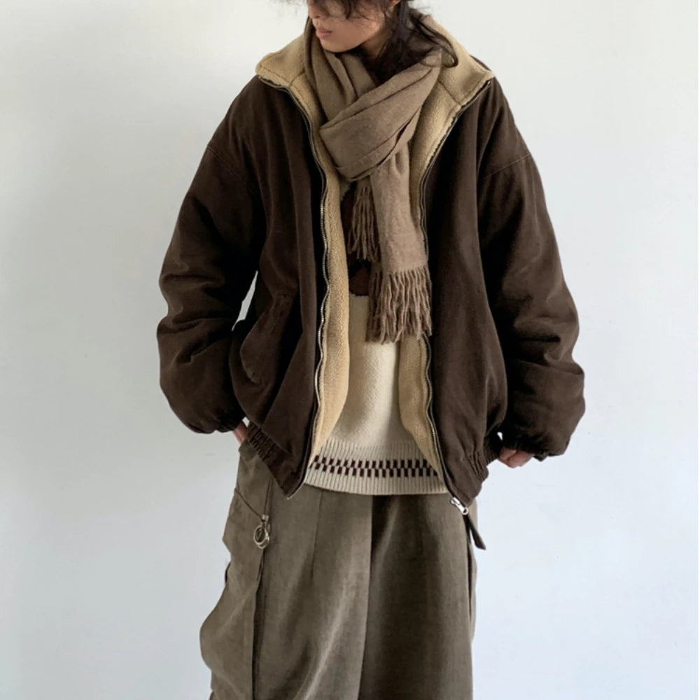 Autumn Winter American Lamb Wool Jacket Men Women Japanese Fashion Vintage Stand Collar Thick Coat Couple Trendy Jacket Unisex