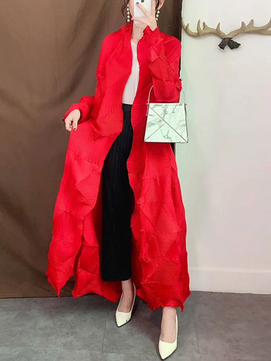 Miyake Pleated Long Trench Coat Women 2025 Spring Lapel Solid Color Long Sleeve Loose Casual Female Fashion Windbreaker