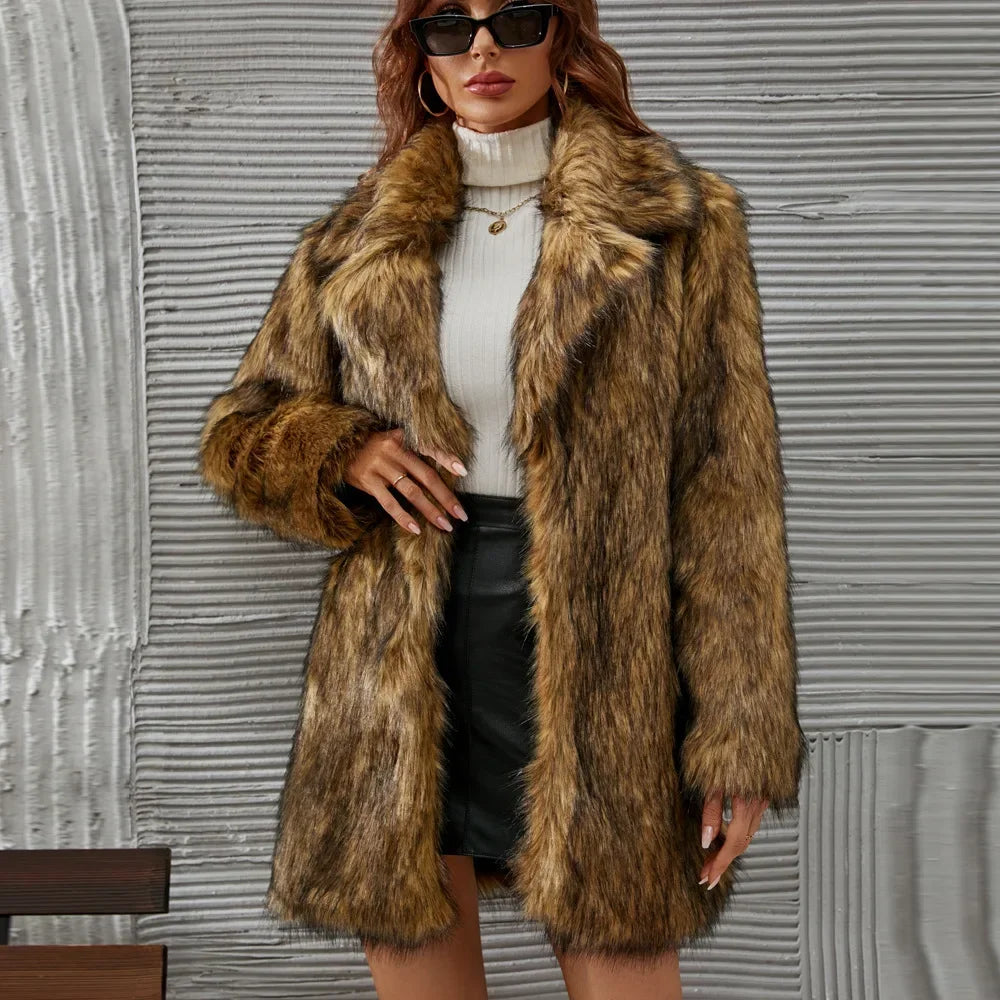 Faux Fur Coat Women Warm Loose Autumn Winter Brown Long Coats Turn Down Collar Sleeve High Waist Maxi Elegant 2024 Jacket