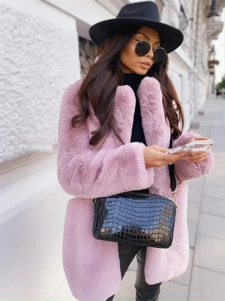 Women Purple Long Sleeve Lapel Winter Coat 2024 New Fashion Temperament Office LadyWhite Fur Jackets Clothing Red