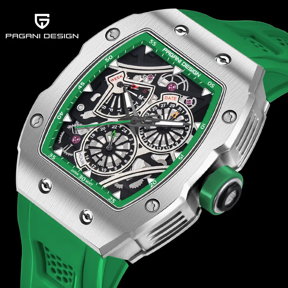 PAGANI DESIGN skeleton Watch Sapphire YS012 Automatic Men’s Quartz Watch Silicone Square Clock Waterproof Relogio Masculino