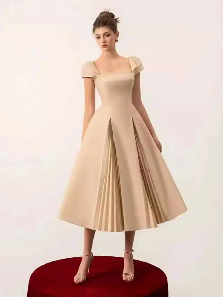 DEAT Elegant Dress Square Collar Backless High Waist Pleated Patchwork Women's Evening Dresses 2025 Autumn New Fashion 35Z405