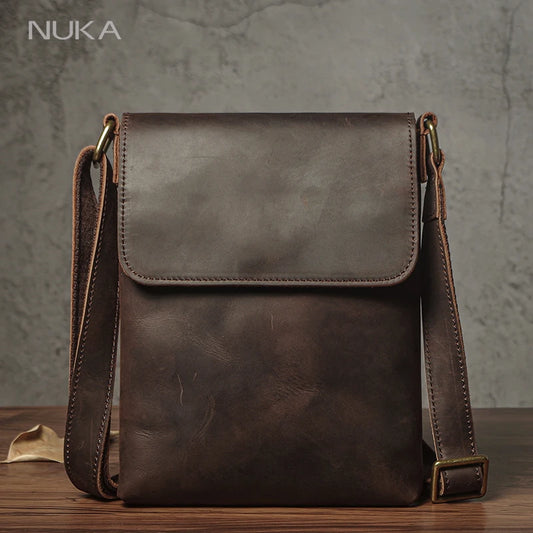 NUKA Men's Genuine Leather Shoulder Bag High Quality Crazy Horse Crossbody Bag Simple Lightweight Sling Bag Small Messenger Bags