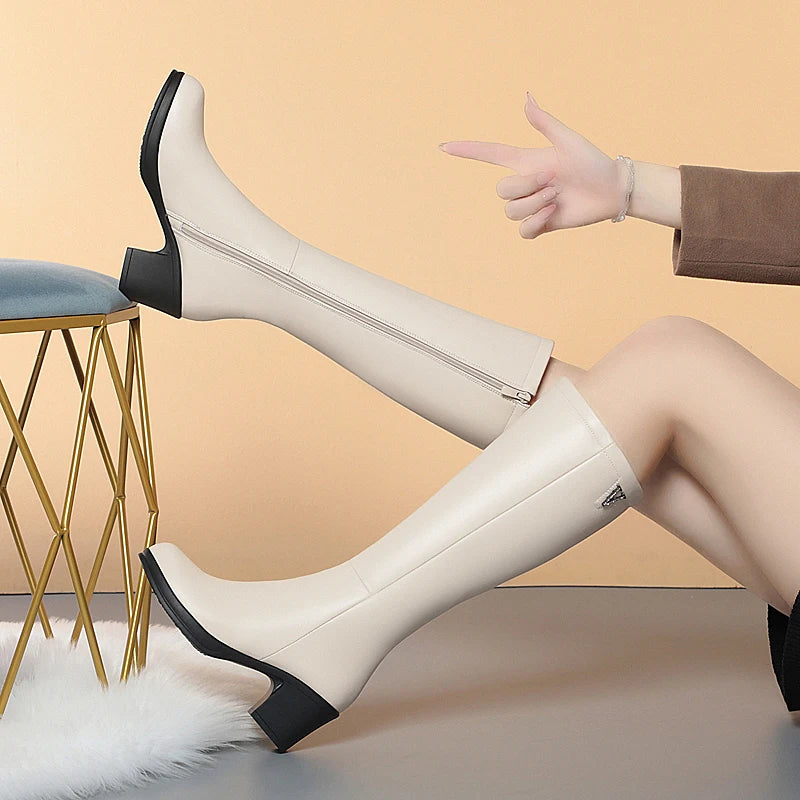 AIYUQI  Women Knight Boots Genuine Leather 2025 New Wool Warm Women Winter Boots Round Toe High Heels Fashion Women Long Boots