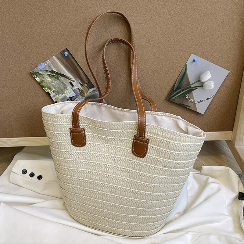 Women Braided Basket Clutches Top-handle Bag Large Straw Portable Shoulder Bag Summer Beach Party Purses Shopper Satchel Female