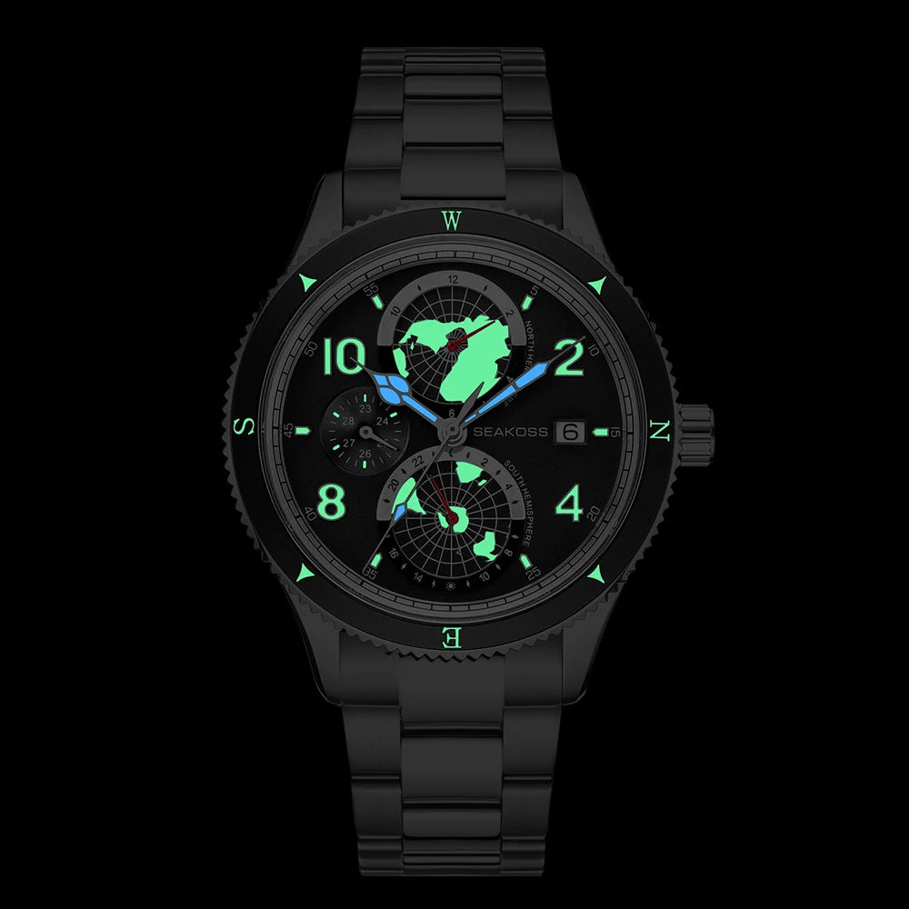 SEAKOSS 100m Diving Mens Earth Automatic Mechanical Watches Super Luminous Sapphire Wristwatches Calendar 24Hours Display Clocks