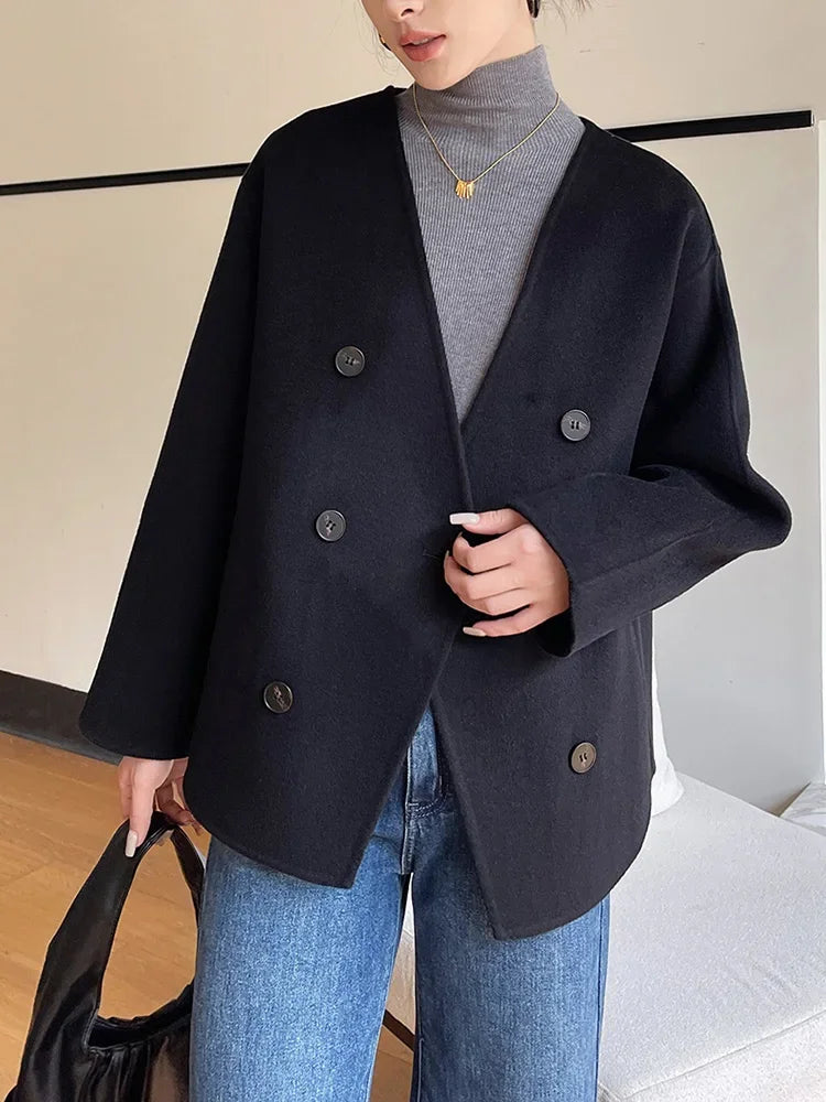 Women 100 Wool Tops Coat Fashion V-neck Short Coats Woolen Jacket Hand Sewing Autumn Winter Wool Blazer Double-Breasted #22