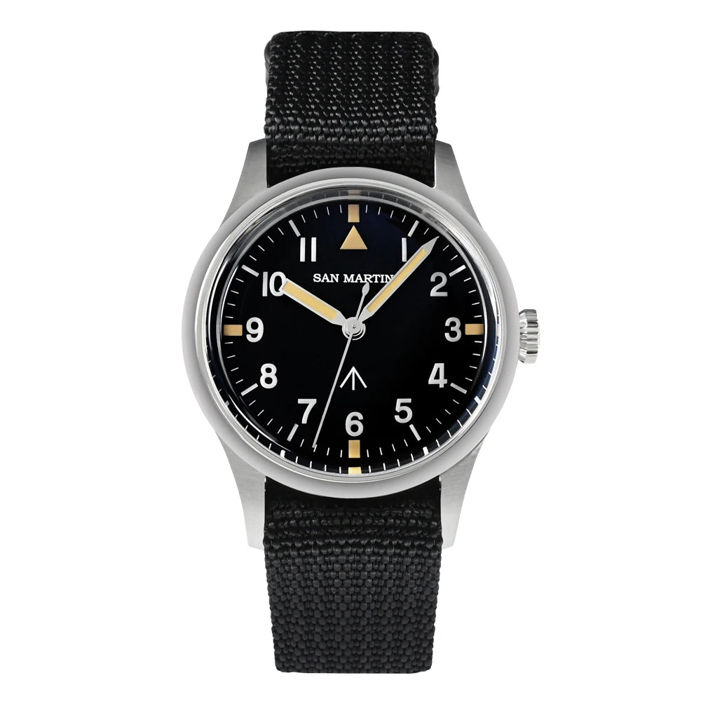 San Martin 36mm Men Pilot Watch VH31 Mechaquartz Movement Sweep Second Quartz Series Simple Style Nylon Strap 10 Bar Luminous