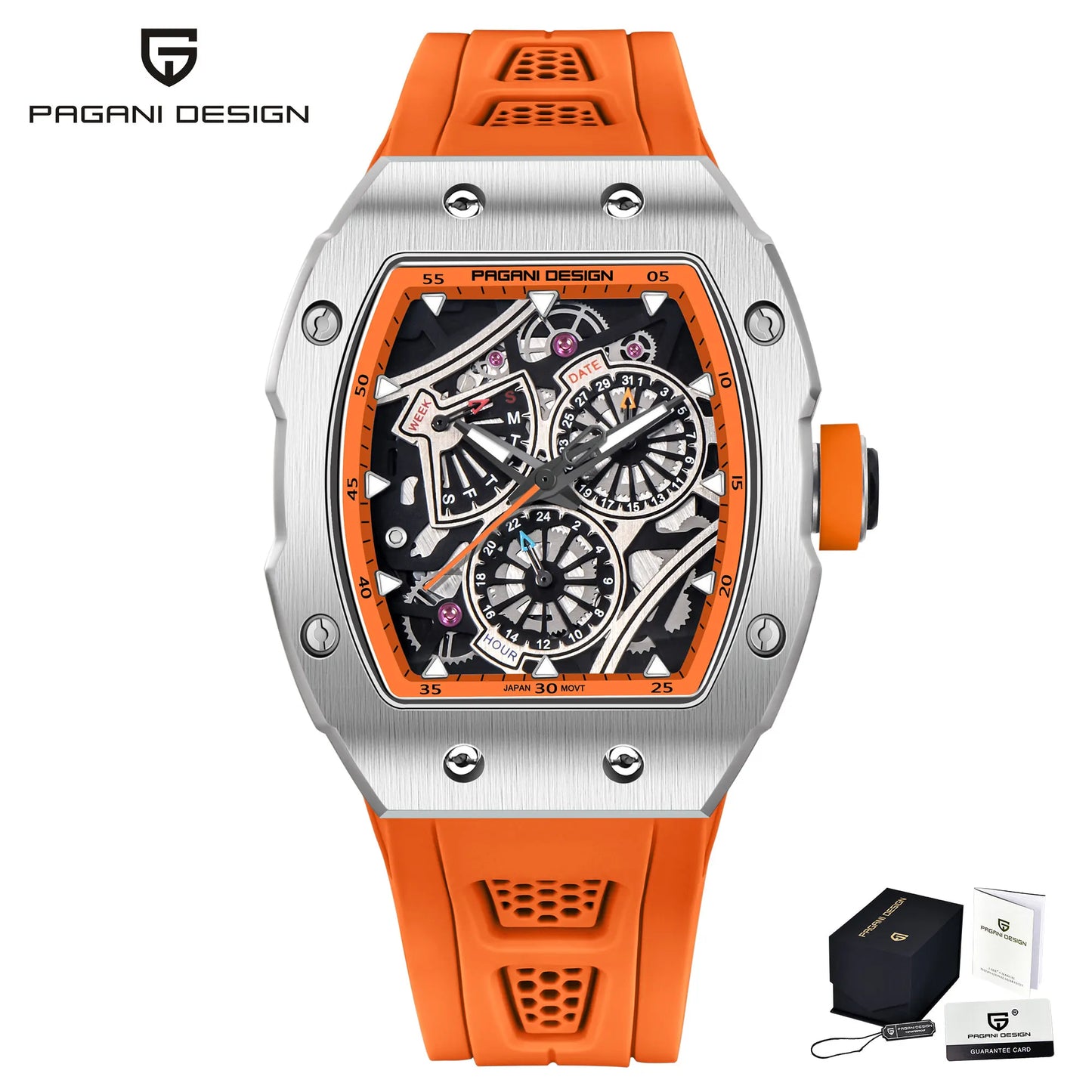PAGANI DESIGN skeleton Watch Sapphire YS012 Automatic Men’s Quartz Watch Silicone Square Clock Waterproof Relogio Masculino