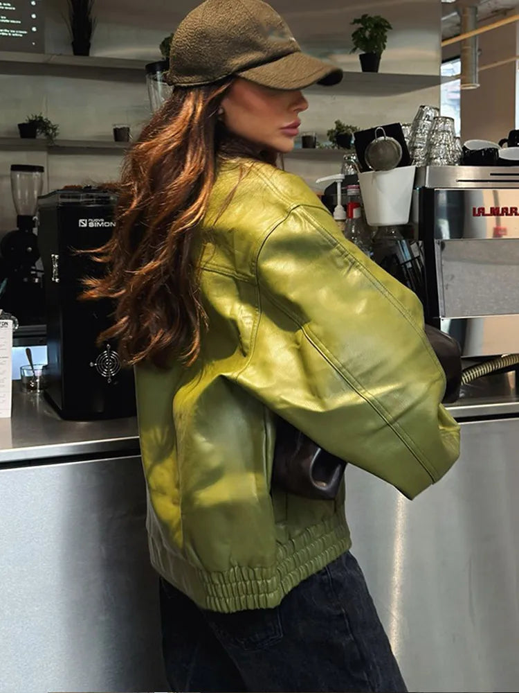 Women's Red Pu Leather Burgundy Solid Lapel Cropped Jacket Female Pockets Long Sleeves Short Coat 2024 Lady Autumn Streetwear