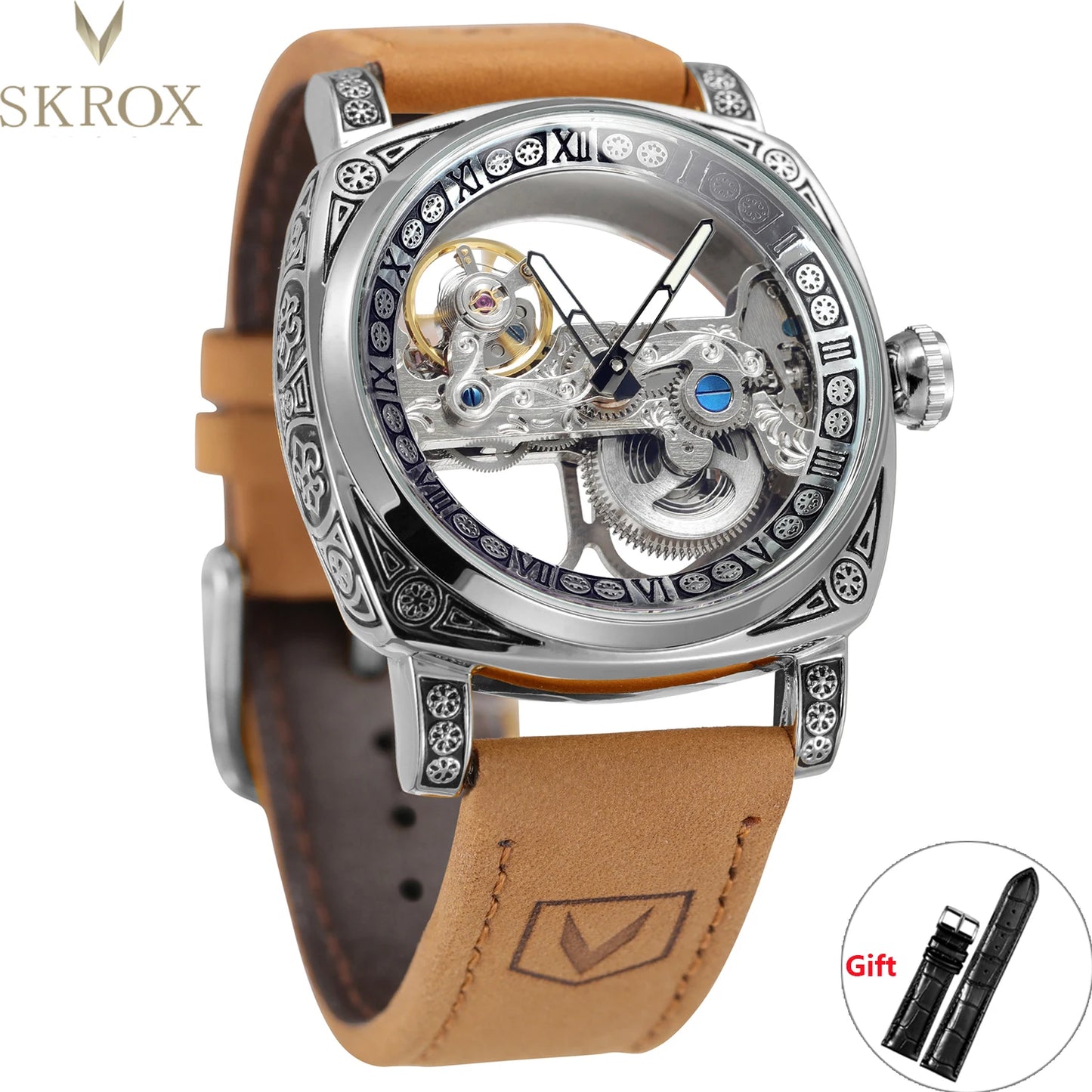 SKROX Designer Luxury Hollow Skeleton Automatic Movement Mechanical Clock Gold Man Watch Elegant Fashion Male Wrist Watches 2025