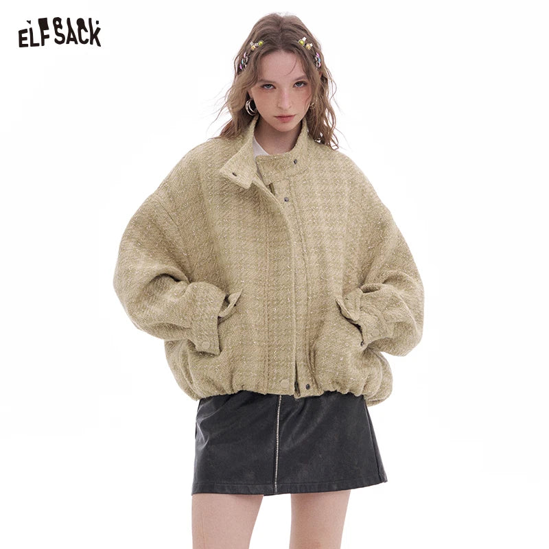 ELFSACK 2025 Spring New Arrivals Fashion Korean Outerwear Woman Stand Collar Cropped Jacket Female