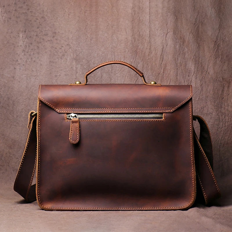 LUOKIR Men's Genuine Leather Handbag Vintage Cowhide Shoulder Crossbody Classic Flap Messenger Preppy Style Cambridge Book Bags