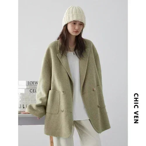 CHIC VEN Women's Woolen Coats Fashion Solid Loose Warm Jackets Korean Casual Office Lady Female Clothing Spring Autumn New 2025