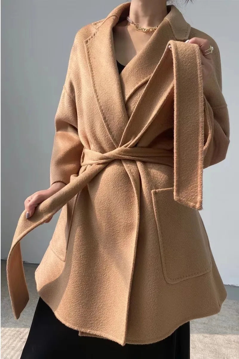 2024 Winter Casual Adjustable Waist Wool Coat Women  Water Ripples Woolen Coat Jackets female New Autumn Camel Coat Commuting