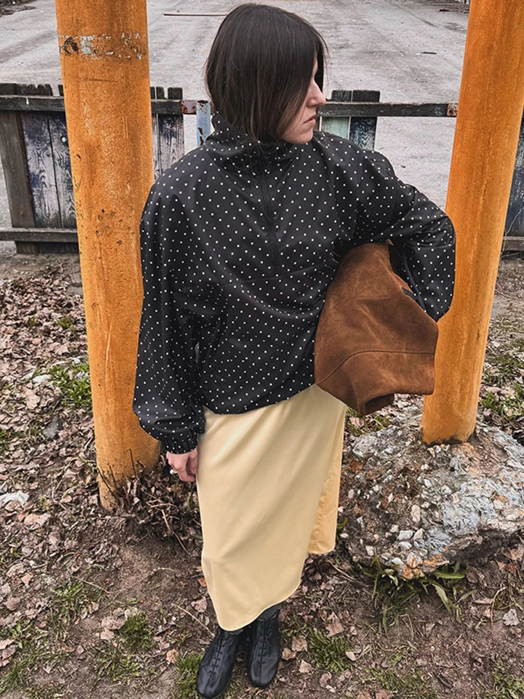 Black Polka Dot Half Zip Pullover Coat Women Loose Fit Puff Sleeves Outfit 2025 New Fashion Street Daily Autumn Outerwear 2025
