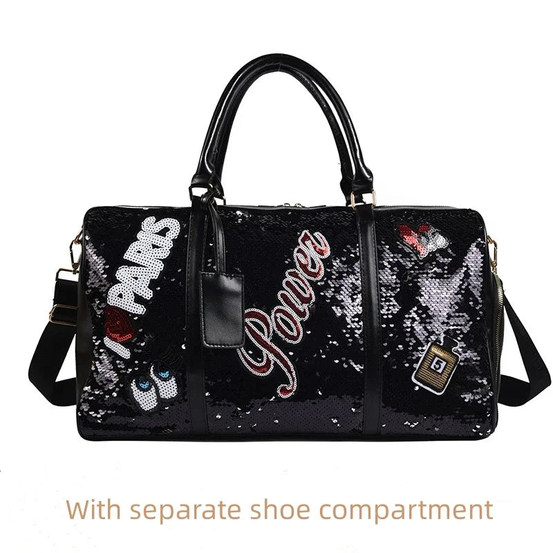 Sequins PU Travel Bag Fashion Sports Large Capacity Shoulder Bag with Separate Shoe Compartment Europe United States Handbag