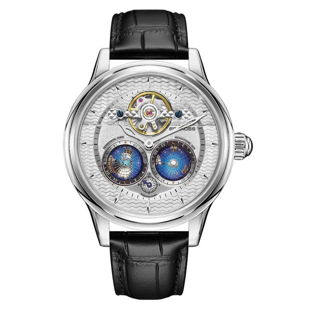 SEAKOSS 3D Double Earth Rotating Automatic Movement Mechanical Watch for Men 1963 Flywheel Wristwatches 5Bar Waterproof Clock
