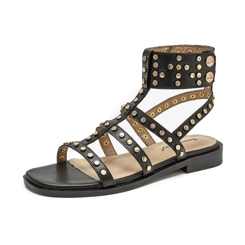 BeauToday Gladiator Sandals Women Leather Shoes Rivet Ankle Buckle Strap Roman Casual Handmade Flat Summer Ladies Shoes 07113