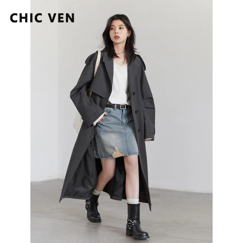 CHIC VEN Women Trench Coats Fashion Classic Loose Solid Belt Overcoat Korean Casual Female Windbreaker Spring Autumn New 2025