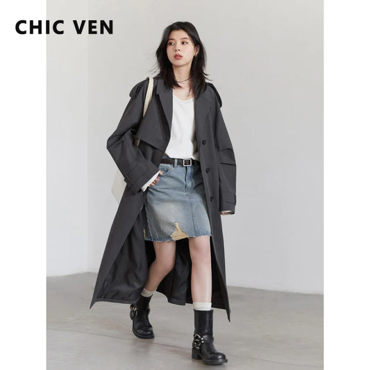 CHIC VEN Women Trench Coats Fashion Classic Loose Solid Belt Overcoat Korean Casual Female Windbreaker Spring Autumn New 2025