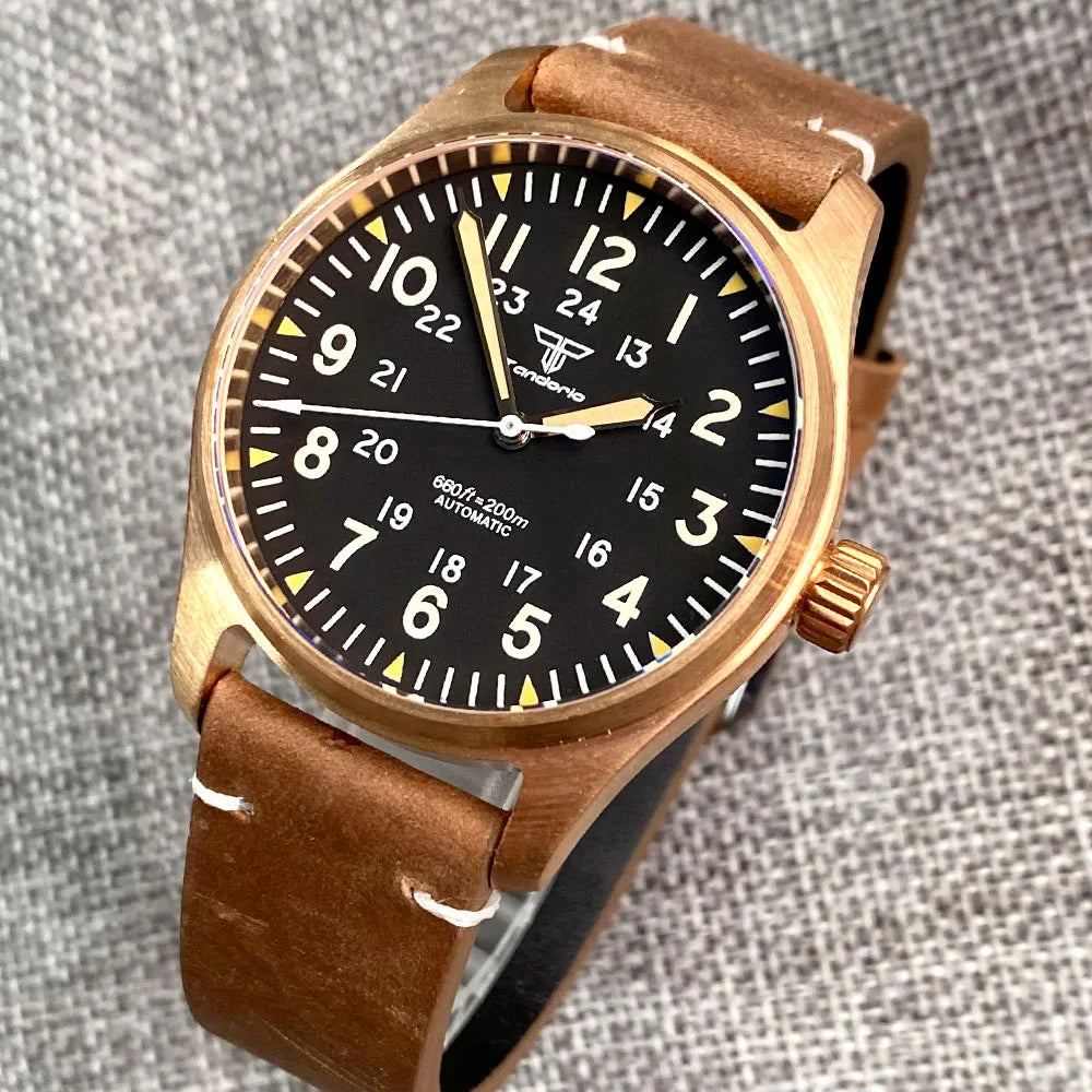 Tandorio CuSn8 Real Bronze NH35A PT5000 Dive Mechanical Watch Men Vintage Pilot Wristwatch 20bar Sport Clock Sunburst Green/Red