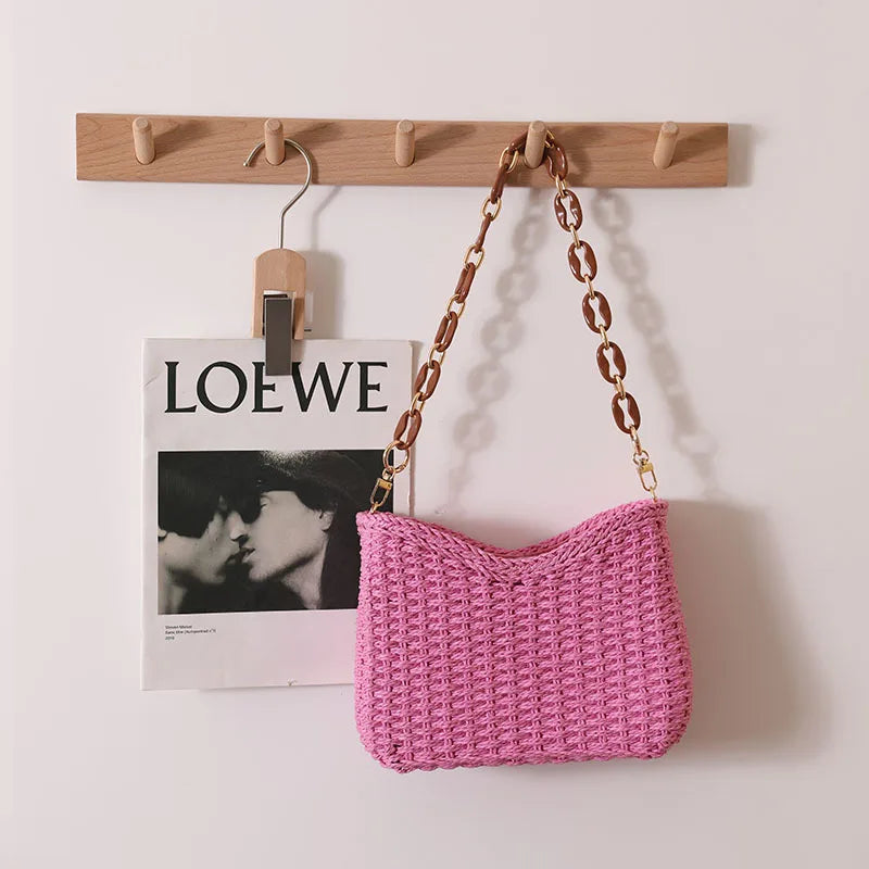 Small fresh purple underarm woven bag New crescent single shoulder solid straw woven bag Women's beach holiday beach bag
