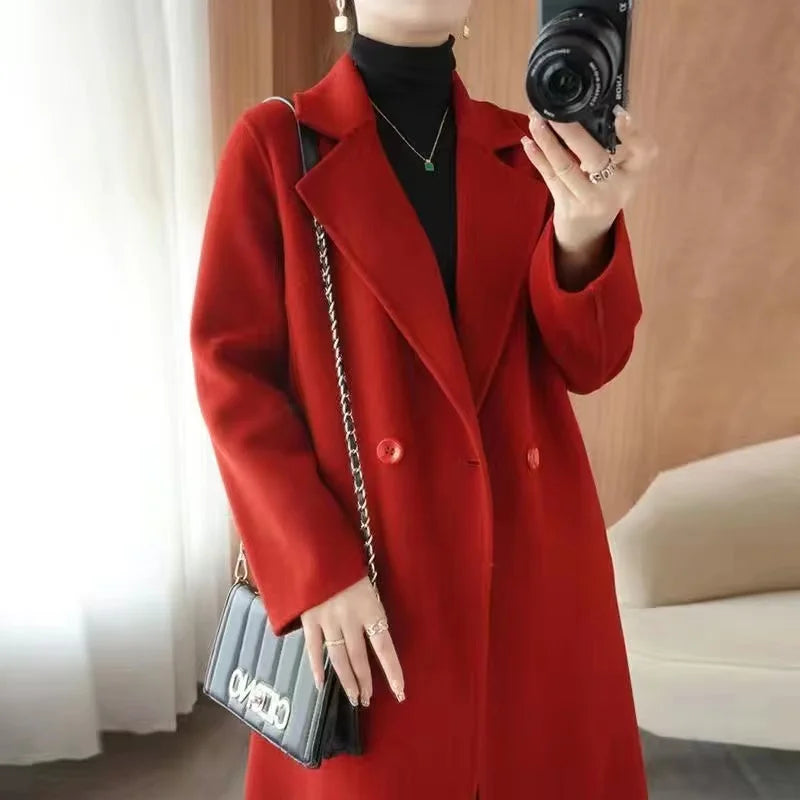 2024 Autumn 100% Double Sided Cashmere Coat Women's Winter New Slim Temperament Wool Coats Solid Casual Female Long Overcoat