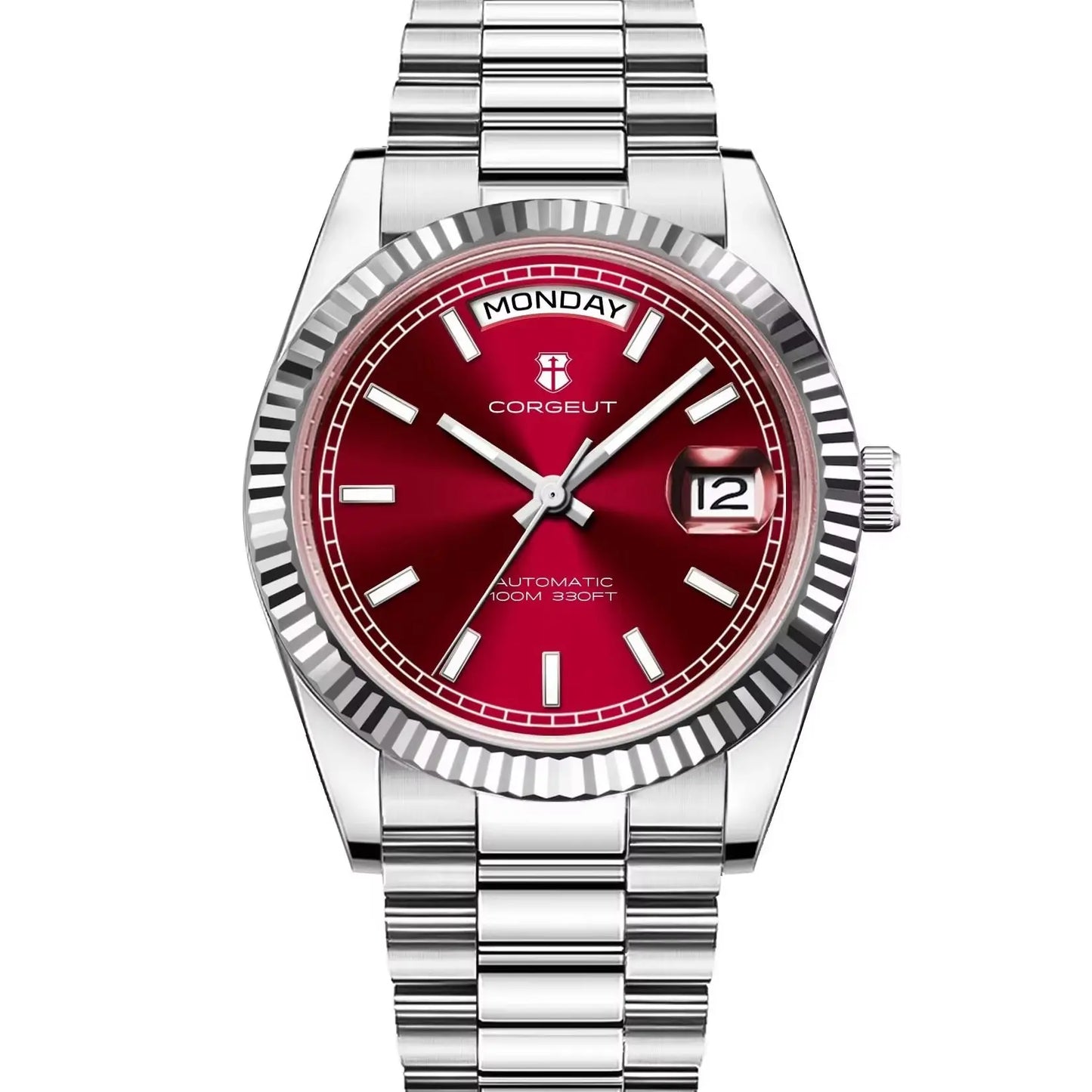 CORGEUT NH36 Mechanical Men's Watch Date of the Week Show President Chain Strap Steel Case Watch Threaded Arc Bezel waterp