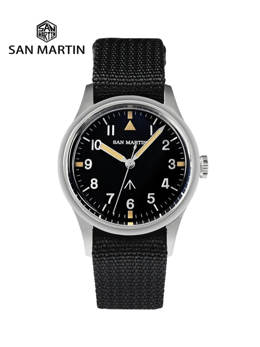 San Martin 36mm Men Pilot Watch VH31 Mechaquartz Movement Sweep Second Quartz Series Simple Style Nylon Strap 10 Bar Luminous