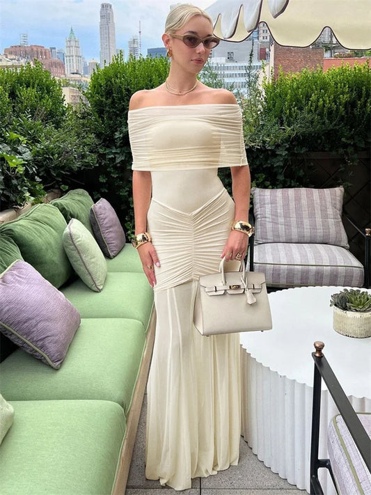 Tossy Spring Mesh Backless Long Dress For Women Pleated Patchwork Off-Shoulder See-Through Elegant Dress Female Solid Dress 2025