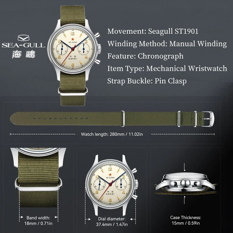 Seagull Aviator 38mm Chronograph seagull 1963 International Edition Mechanical Wristwatch ST1901 Watch  For Men USA Tax Free