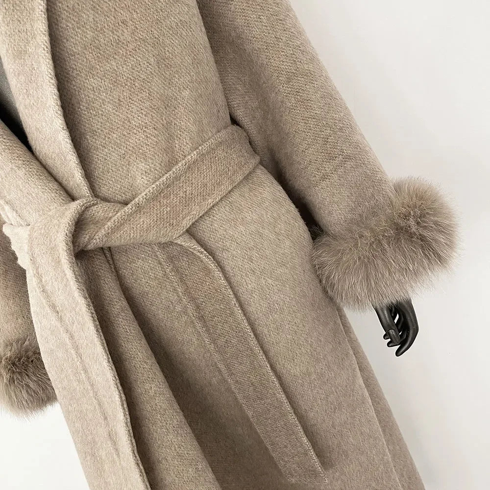 Winter Temperament Short and Long Real Wool Coat Removable Cuffs Fox Fur Jacket Cashmere Coat Double-sided Woolen Jacket Women