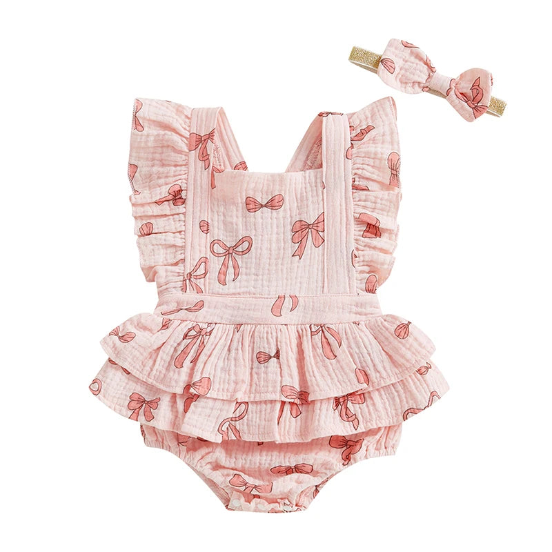 Infant Toddler Baby Girls Valentine's Day Romper Bow/Heart Print Flutter Sleeves Square Neck Bodysuit with Bow Headband
