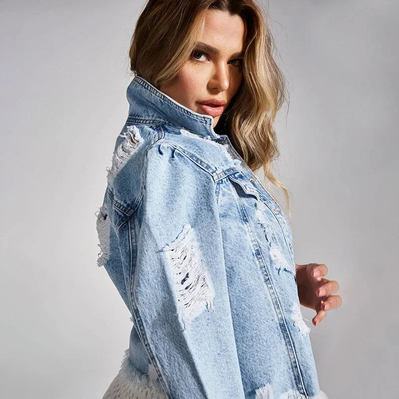 Street Style Tassels Hem Short Jackets Women's Broken Holes Double Pocket Decoration Denim Coat Female Single-breasted Outerwear