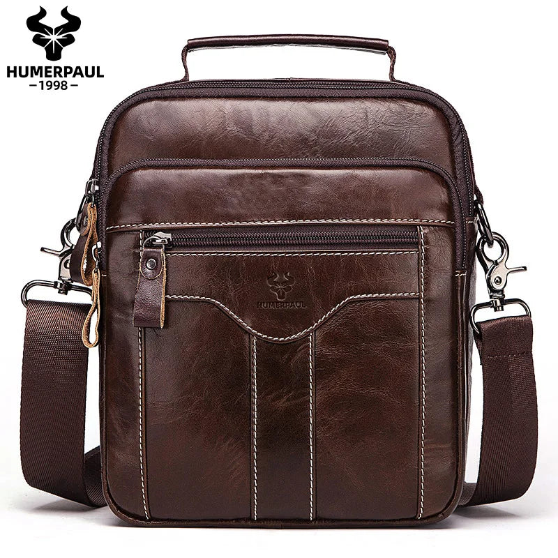 HUMERPAUL Men Shoulder Bag for Ipad Genuine Cowhide Leather Messenger Bag Casual Male Trave Large Capacity Crossbody Bags
