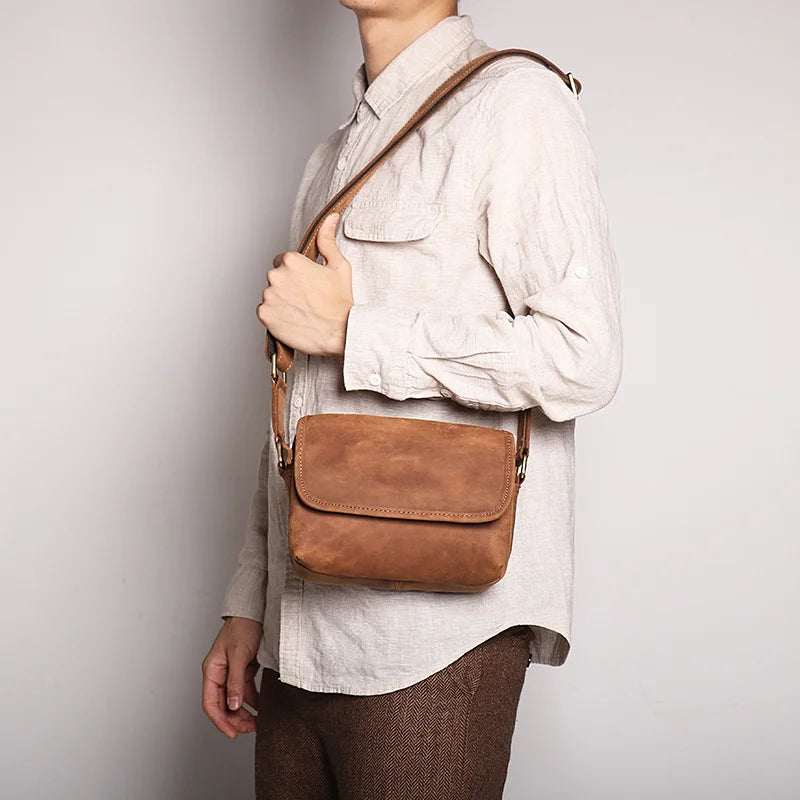 LUOKIR Vintage Crazy Horse Leather Retro Men's Bag Genuine Cowhide Shoulder Bag Women's Crossbody Bag iPad Small Square Bag