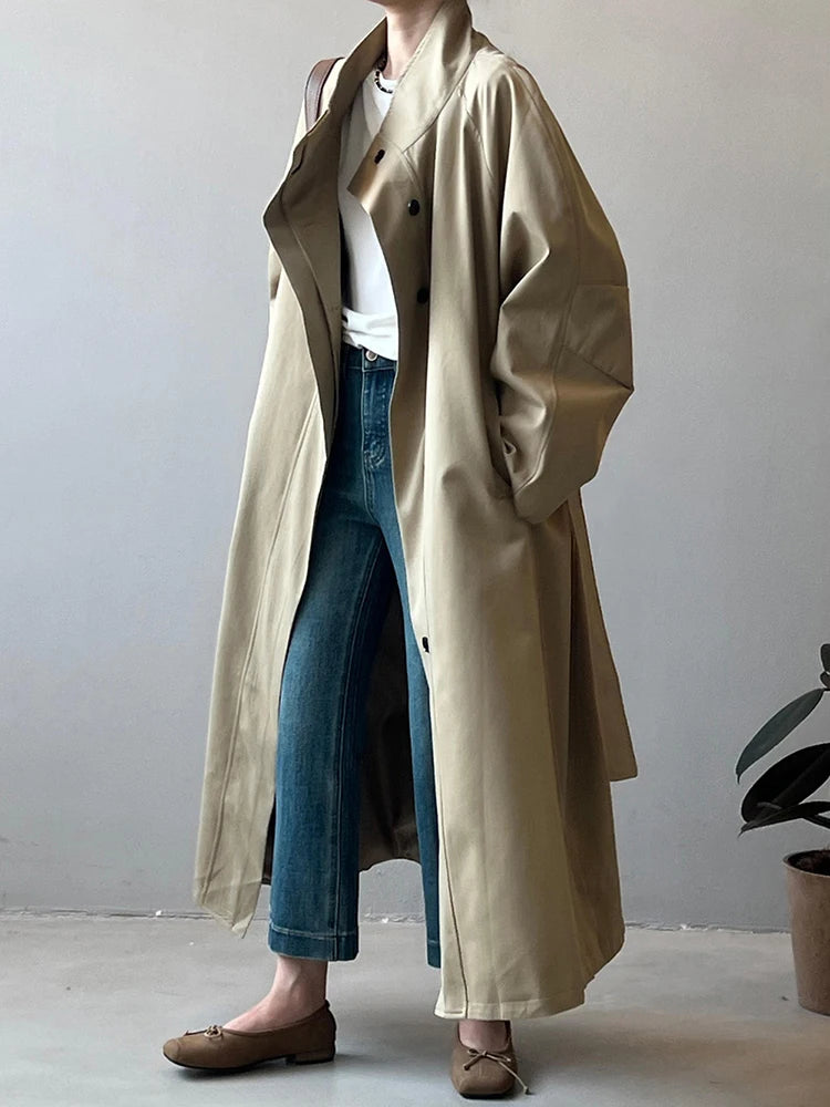 FANAN Office Lady Belt Gathered Waist Trench Women's Stand Neck Single Breasted Fashion Windbreaker Female Coats 2025 Spring New
