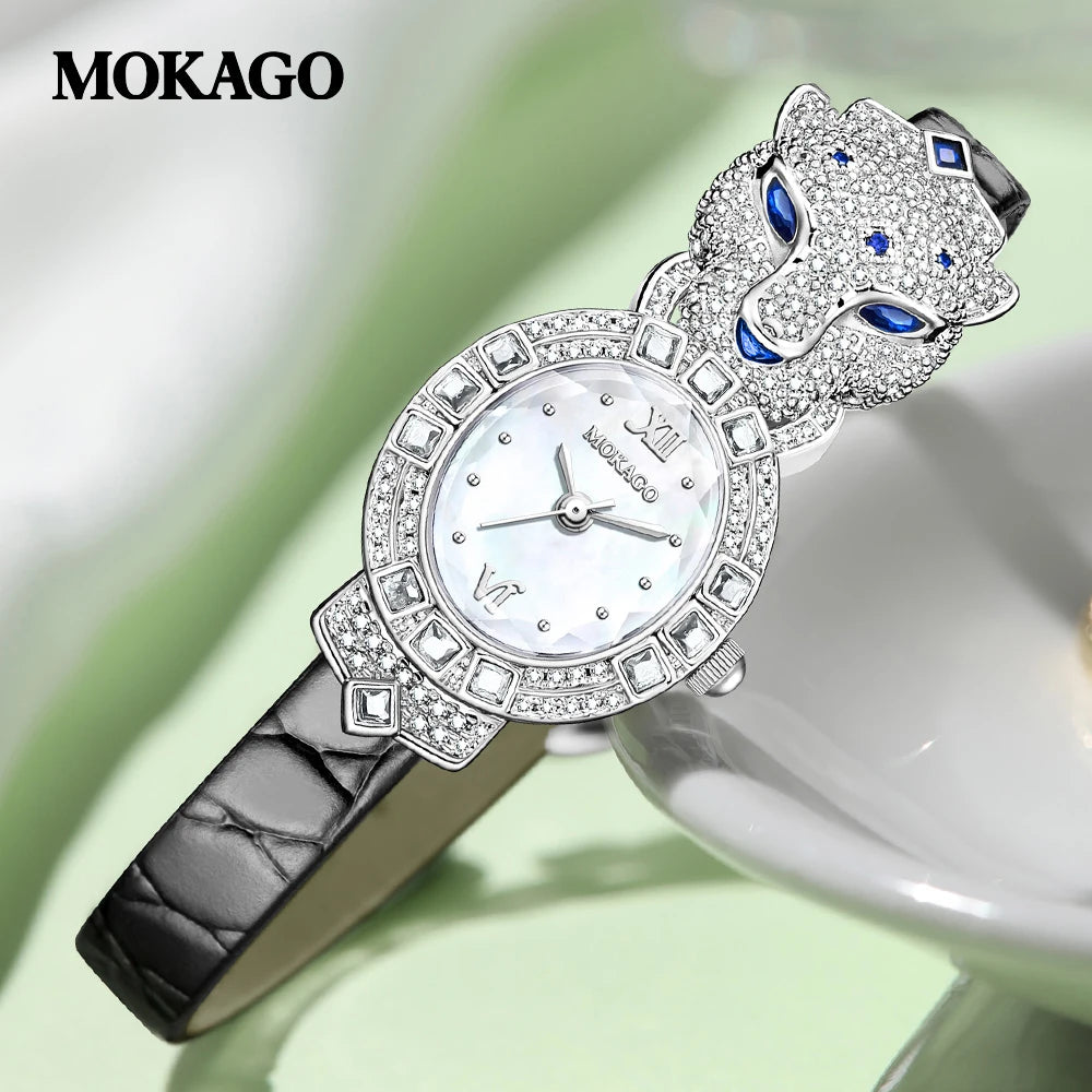 2025 Creative Brand Fashion Quartz Watch for Women Leopard Studded Diamonds Luxury Ladies Wrist Watch Leather Belt Jewelry Watch