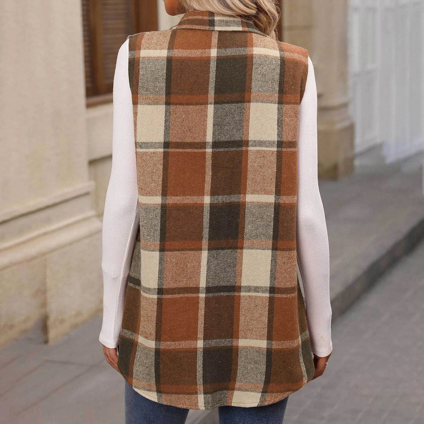 Women Fashion Plaid Sleeveless Vest For 2024 Autumn And Winter Pocket Decoration Loose Button Long Vests Jackets For Woman