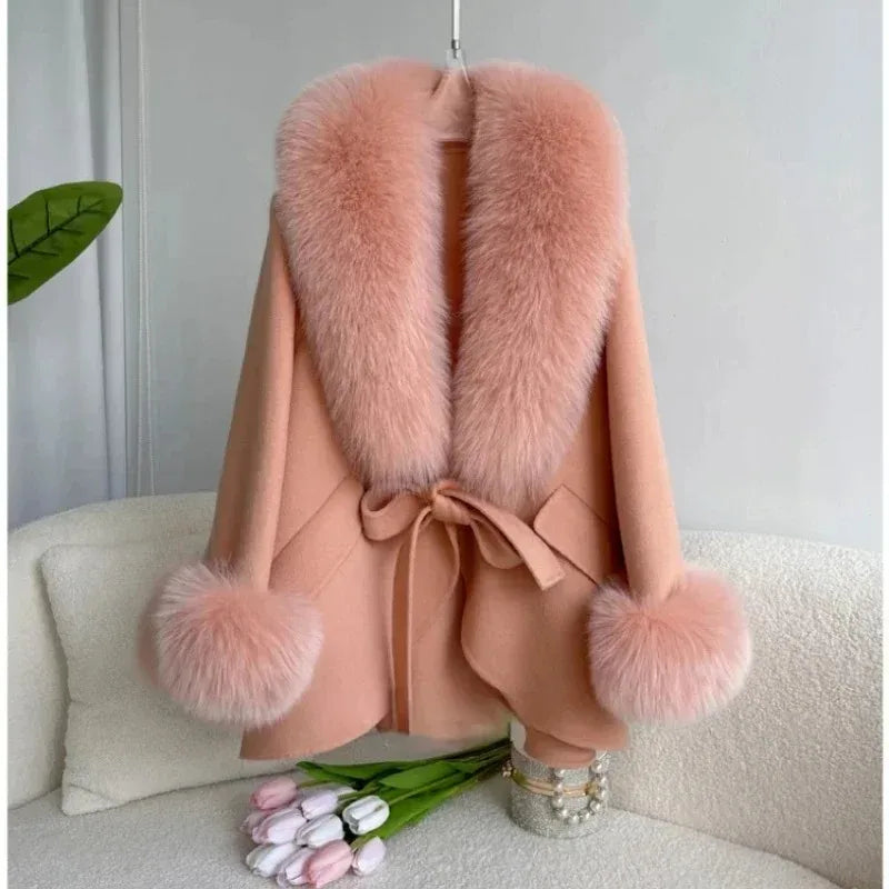 2023 Cashmere Wool Blends Coat Winter Autumn Women Jacket Real Fox Fur Collar Loose Thick Warm Outerwear Streetwear