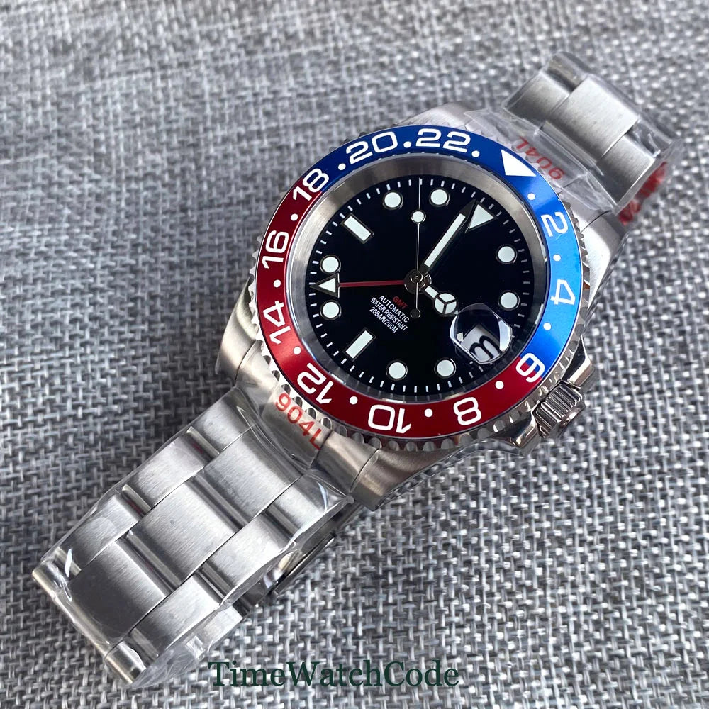 Tandorio 40mm NH34A Men's Automatic Watch GMT Function Luminous Black Dial Sapphire Crystal Auto Date Bracelet Rotating Bezel